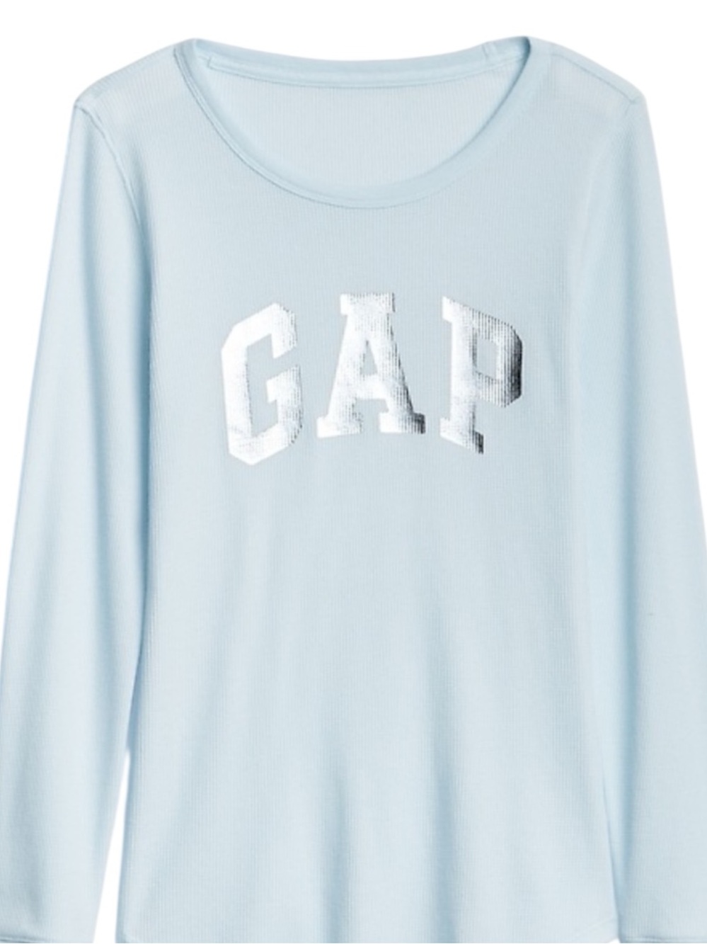 Gap Logo Thermal Knit Long Sleeve Tee Shirt in Baby Blue Metallic Silver S NWT